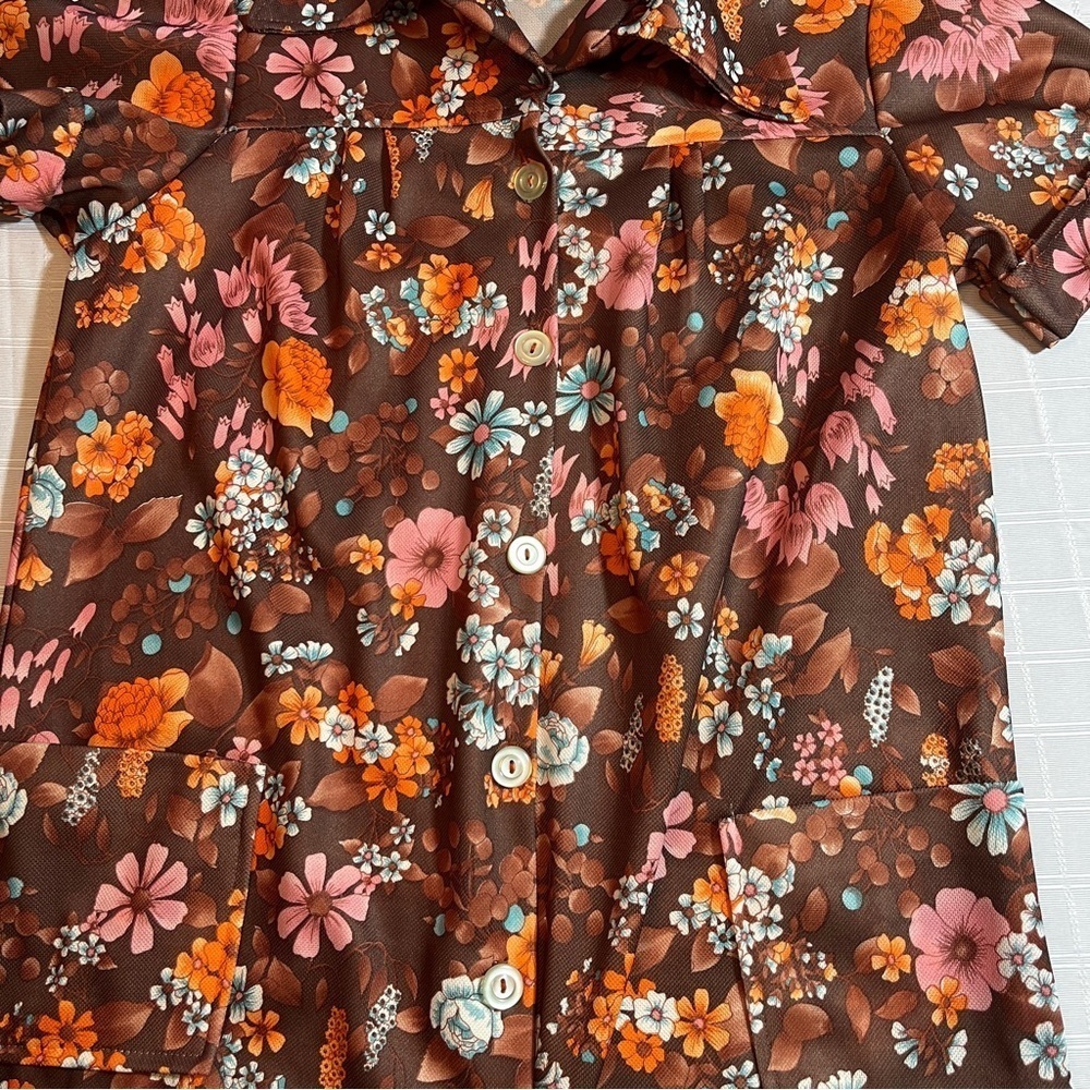 Vintage 1970's Floral Brown Button Up Short Sleeve Women's Shirt Grandmacore - Picture 5 of 9
